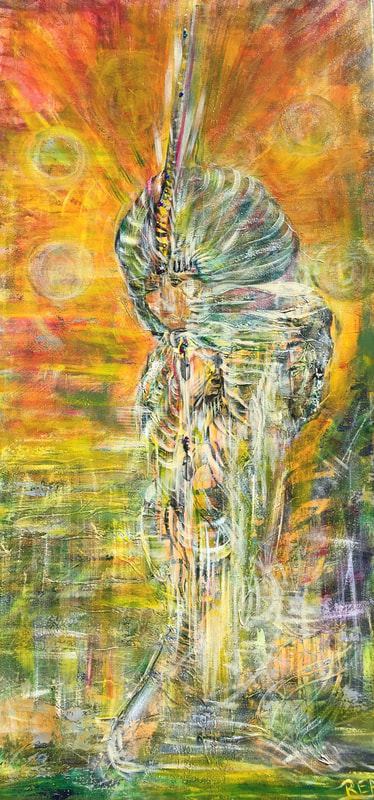 "Arianrhod Goddess" Intention Connecting to the Sliver wheel of Cosmic Time & Faith Created October 12, 2016 in Sedona AZ  
Canvas size 24" x 48" $999. CD 